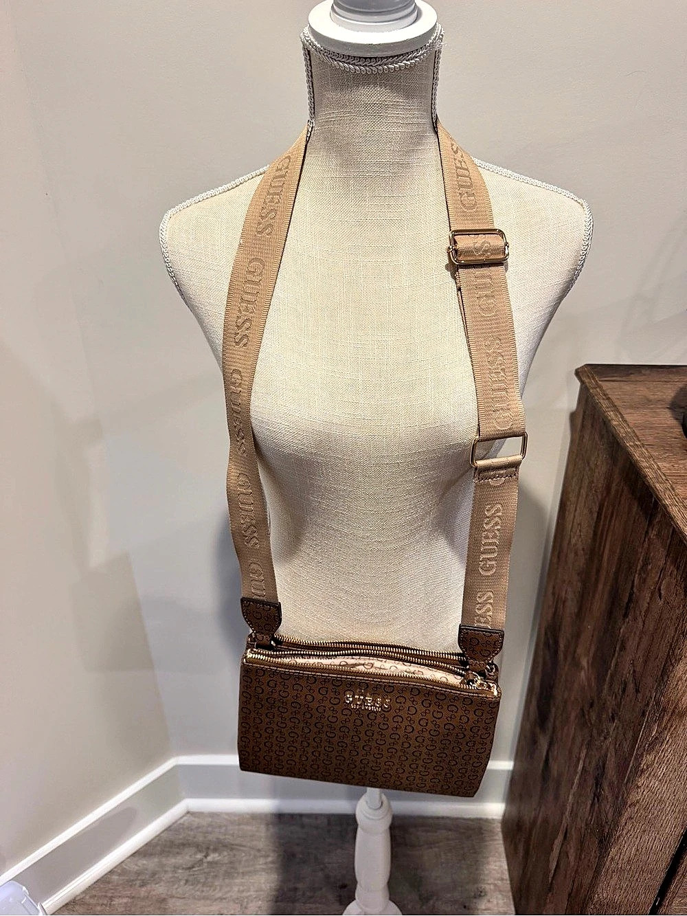 GUESS Monogram Crossbody Bag Brown & Tan Like New